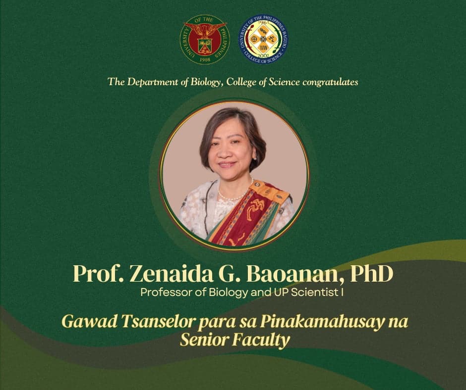 Celebrating Prof. Zenaida G. Baoanan for receiving the “Gawad Tsanselor para sa Pinakamahusay na Senior Faculty” Award at the Araw ng Parangal 2024