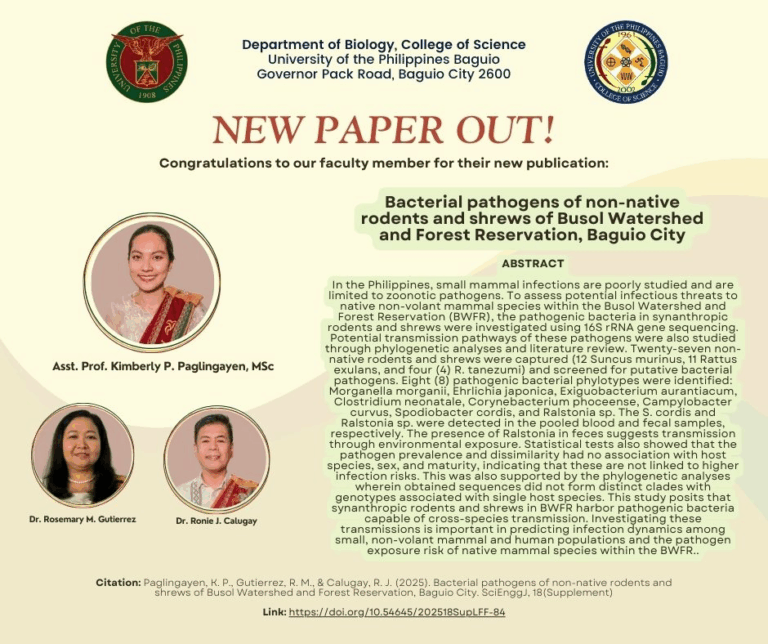 New publication entitled “Bacterial pathogens of non-native rodents and shrews of Busol WAtershed and Forest Reservation, Baguio City” by the Department of Biology faculty
