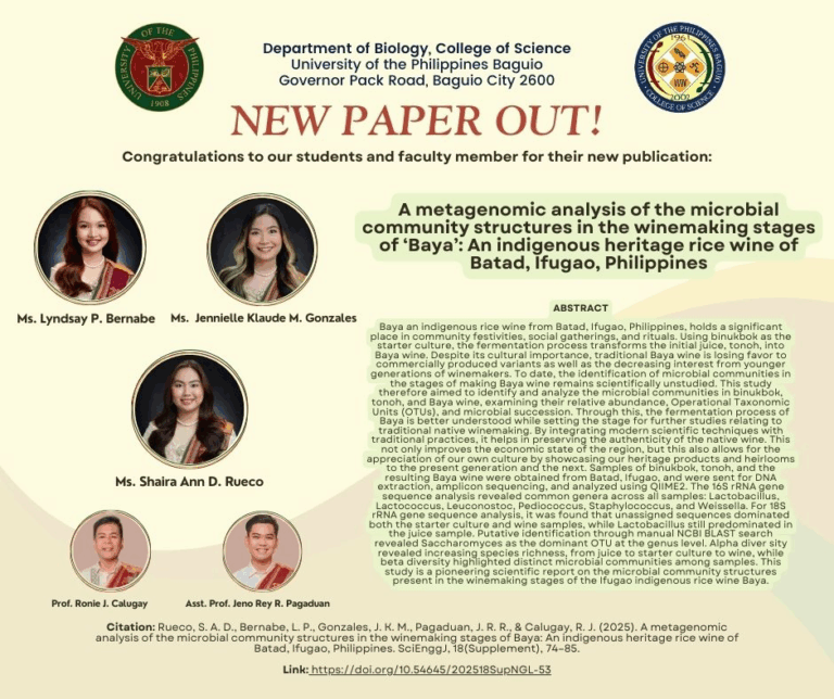 New publication out entitled “A metagenomic analysis of the microbial community structures in the winemaking stages of ‘Baya’: An indigenous heritage rice wine of Batad, Ifugao, Philippines” by the Department of Biology students and faculty