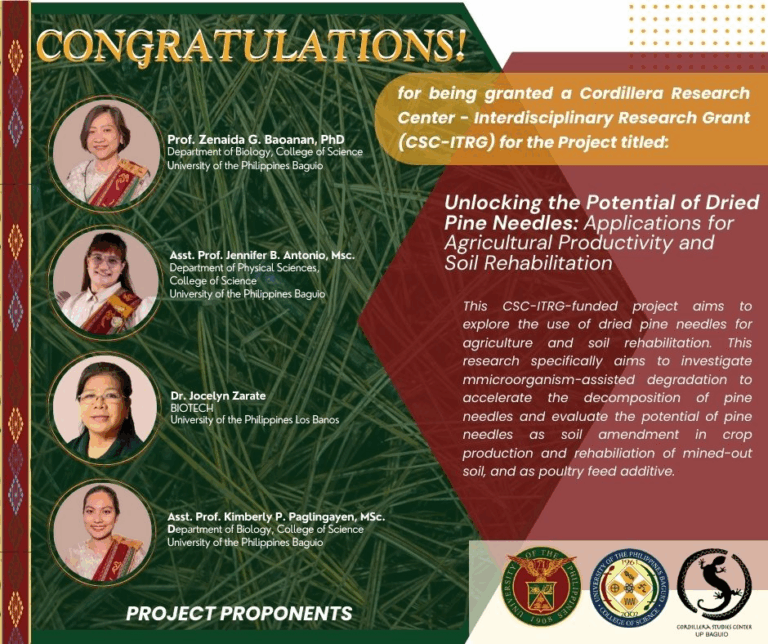 Department of Biology faculty members receive the Cordillera Research Center – Interdisciplinary Research Grant (CSC-ITRG) for their project “Unlocking the Potential of Dried Pine Needles: Applications for Agricultural Productivity and Soil Rehabilitation