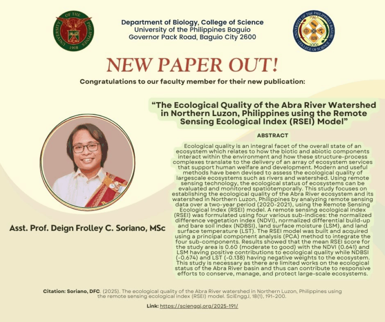 New publication entitled “The ecological quality of the Abra River watershed in Northern Luzon, Philippines using the remote sensing ecological index (RSEI) model” by a Department of Biology faculty