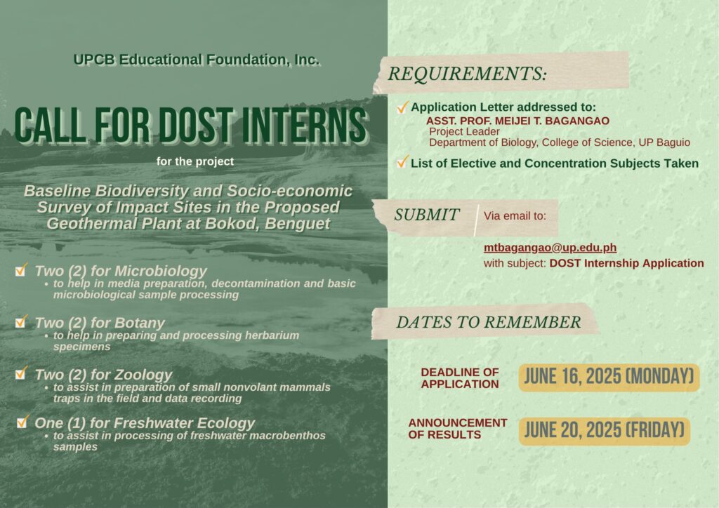 CALL FOR DOST INTERNS for the project “Baseline Biodiversity and Socio-economic Survey at the proposed geothermal plant in Bokod, Benguet”
