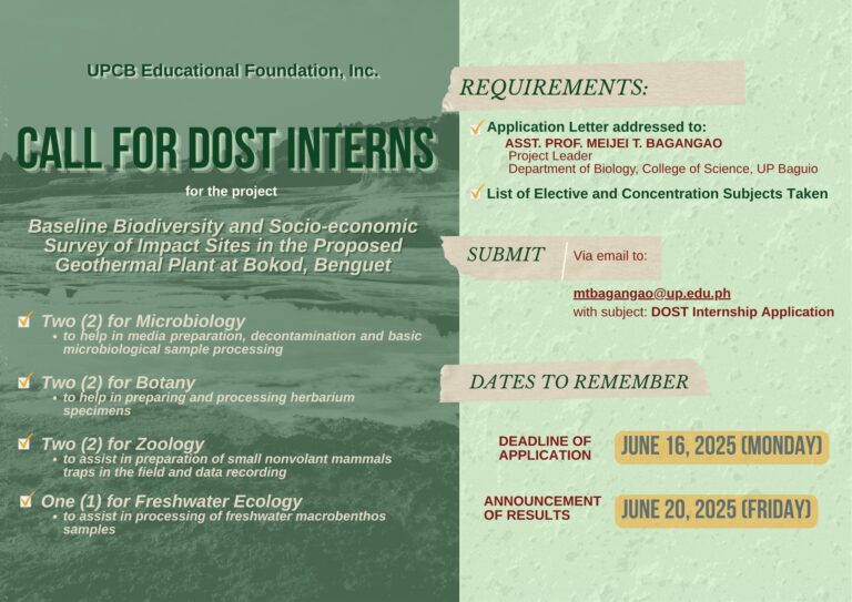 CALL FOR DOST INTERNS for the project “Baseline Biodiversity and Socio-economic Survey at the proposed geothermal plant in Bokod, Benguet”