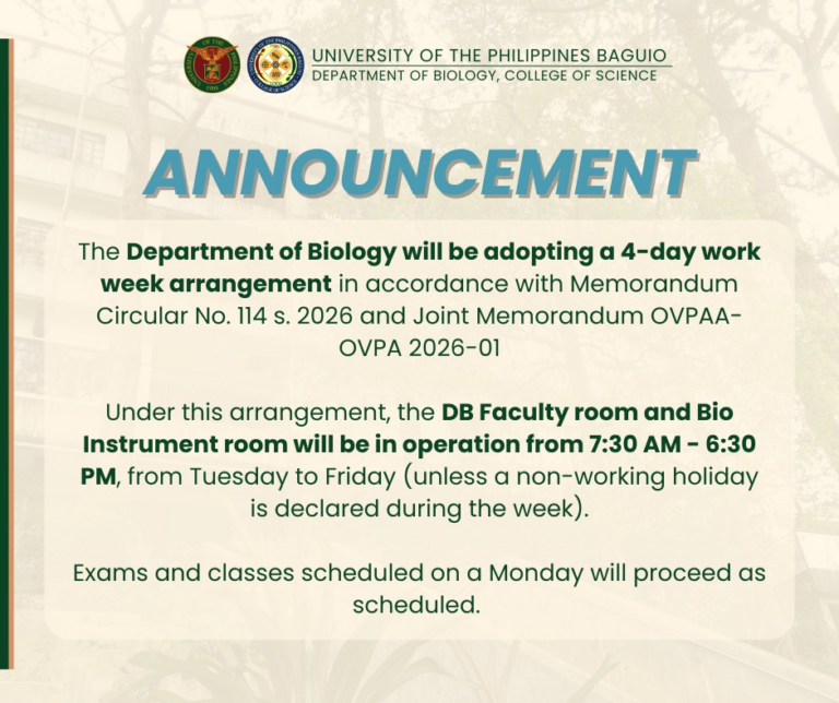 The Department of Biology adopts a four-day work week arrangement starting March 16, 2026.