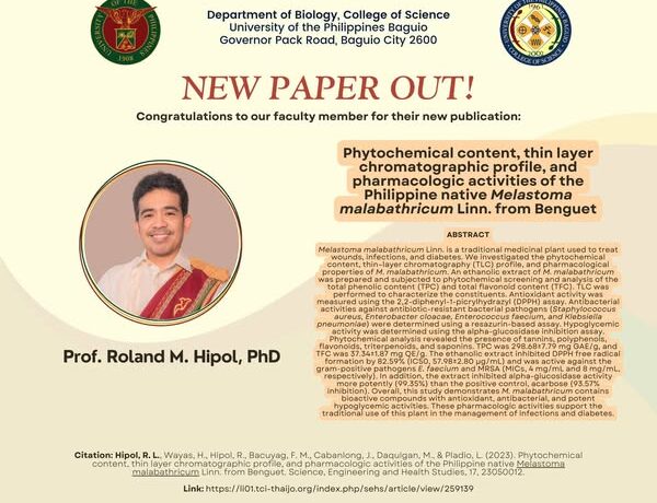 New paper out entitled “Phytochemical content, thin layer chromatographic profile, and pharmacologic activities of the Philippine native 𝑀𝑒𝑙𝑎𝑠𝑡𝑜𝑚𝑎 𝑚𝑎𝑙𝑎𝑏𝑎𝑡ℎ𝑟𝑖𝑐𝑢𝑚 Linn. from Benguet.”