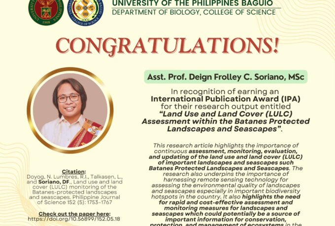 DB Faculty earns an International Publication Award for his collaborative research work entitled “Land Use and Land Cover (LULC) Assessment within the Batanes Protected Landscapes and Seascapes”