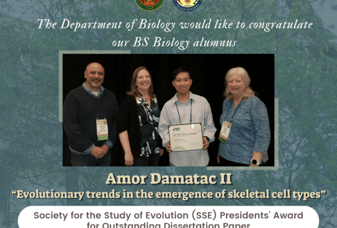 BS Biology Alumnus Wins Society for the Study of Evolution (SSE) Presidents’ Award for Outstanding Dissertation Paper