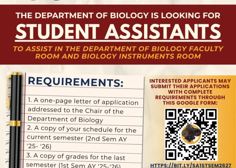 Call for Student Assistants for 1st Semester (AY 2026-2027)